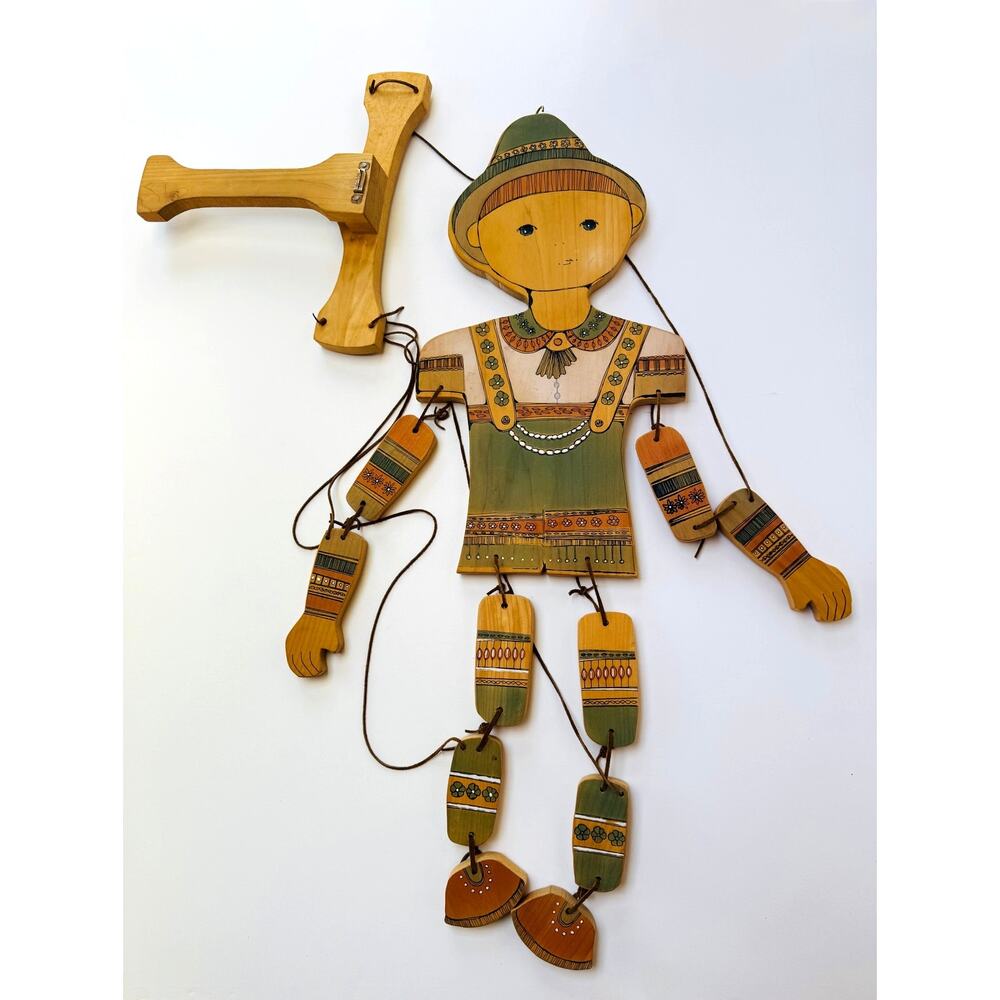 Large Vintage Hand Painted Wooden Articulated Figure Wall Hanging Puppet 36